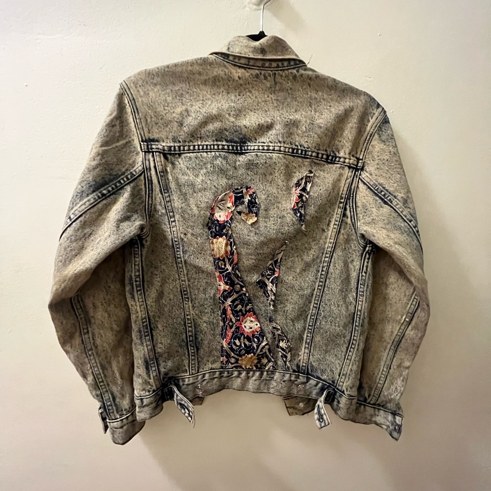 Brandy Melville Distressed Denim Jacket with Floral Detail